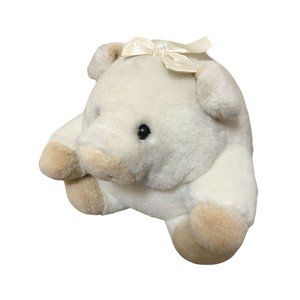 9" Hard-to-Find White Pig Plush with Cream Vanilla Bow - Rare Vintage Find!